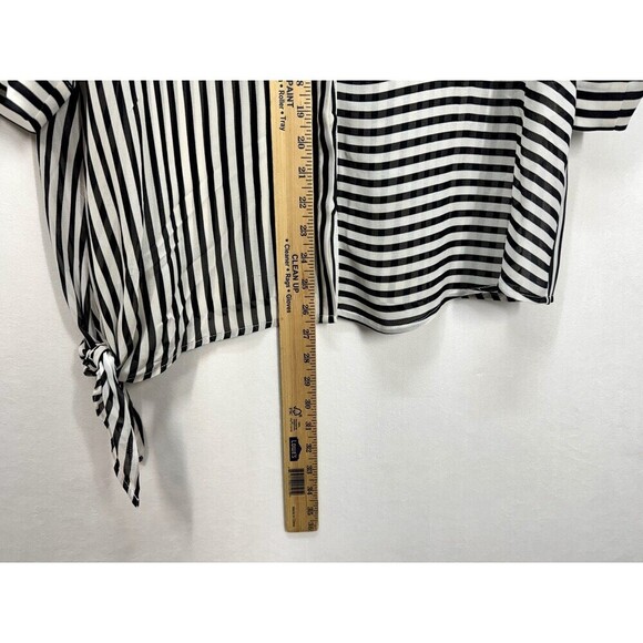 Chicos Semi Sheer Button Top Womens 0/Small Black White Stripe Side Tie 3/4 Slv - Picture 8 of 13